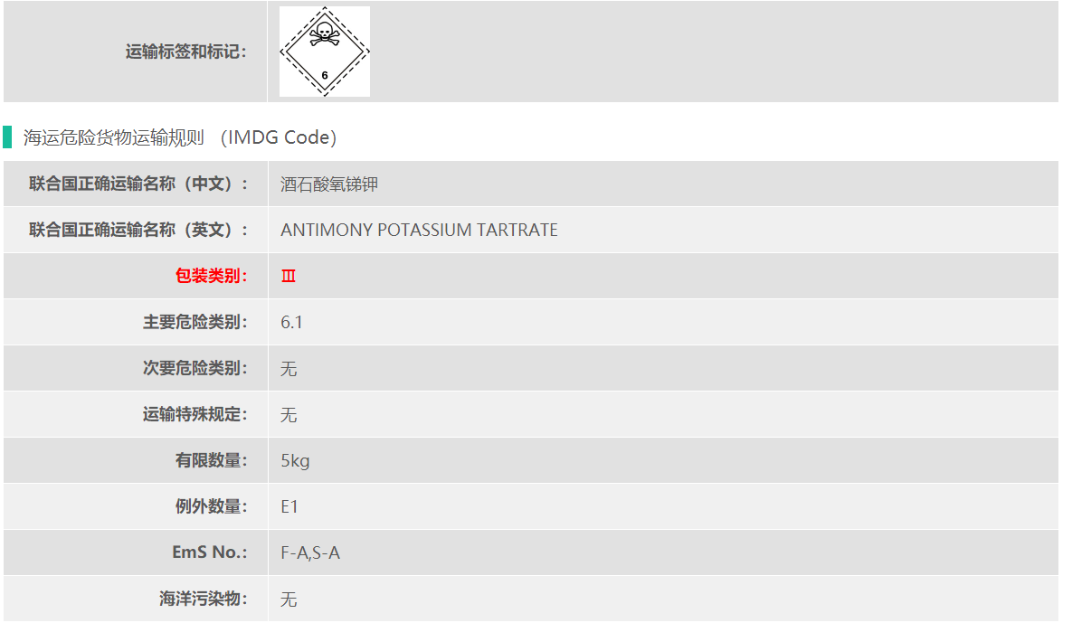  6类危险品酒石酸锑钾出口介绍